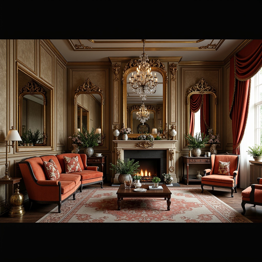 Prompt: Opulent Rococo-style interior, lavish furnishings, intricately carved wooden frames, ornate mirrors, gilded accents, velvet upholstery, rich jewel-toned fabrics, curved lines, shell-shaped decorations, French provincial influences, distressed finishes, rustic wooden floors, crystal chandeliers, soft warm lighting, 1/1 composition, detailed textures, ambient occlusion.