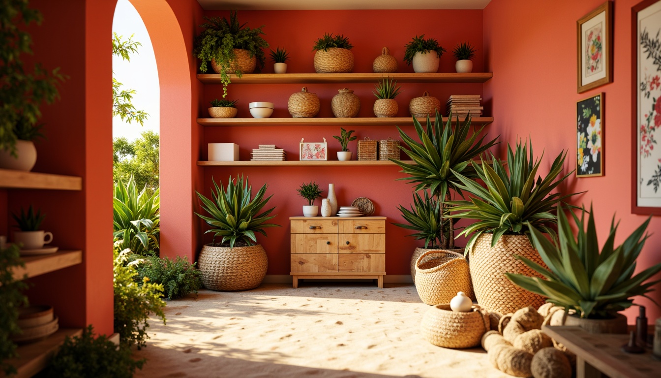 Prompt: Vibrant tropical storage room, bright coral walls, warm sandy floors, lush greenery accents, natural wood shelves, woven rattan baskets, colorful floral patterns, sunny yellow lighting, shallow depth of field, 1/2 composition, soft focus, realistic textures, ambient occlusion.