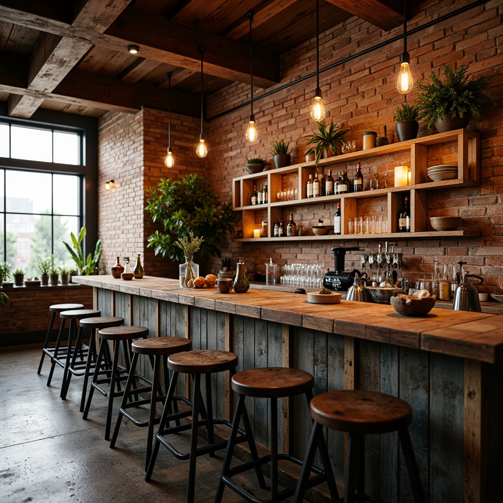 Prompt: Rustic industrial home bar, distressed wood countertops, metal stools, exposed brick walls, reclaimed wooden shelves, vintage factory lighting, Edison bulbs, concrete floors, urban loft atmosphere, warm golden lighting, shallow depth of field, 1/2 composition, realistic textures, ambient occlusion.