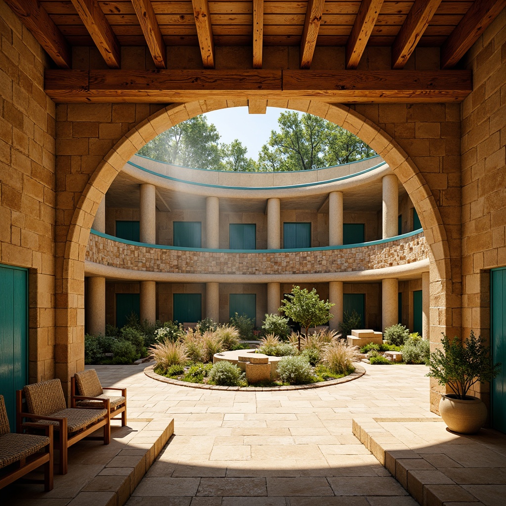 Prompt: Earth-toned amphitheater interior, rustic stone walls, wooden benches, vibrant turquoise accents, natural textiles, woven fiber patterns, warm beige flooring, soft golden lighting, shallow depth of field, 3/4 composition, realistic textures, ambient occlusion, tiered seating, grandiose architecture, ornate details, cultural heritage inspiration, eclectic decorative elements, lush greenery, atmospheric misting systems.