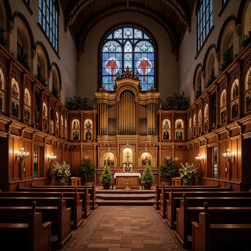 Prompt: Ornate altar, intricately carved wooden panels, golden accents, ornamental candles, sacred relics, holy icons, stained glass windows, vaulted ceilings, grandiose architecture, solemn atmosphere, dim warm lighting, shallow depth of field, 1/1 composition, symmetrical layout, traditional Catholic elements, Renaissance-inspired motifs, richly textured fabrics, majestic pipe organ, reverent ambiance.