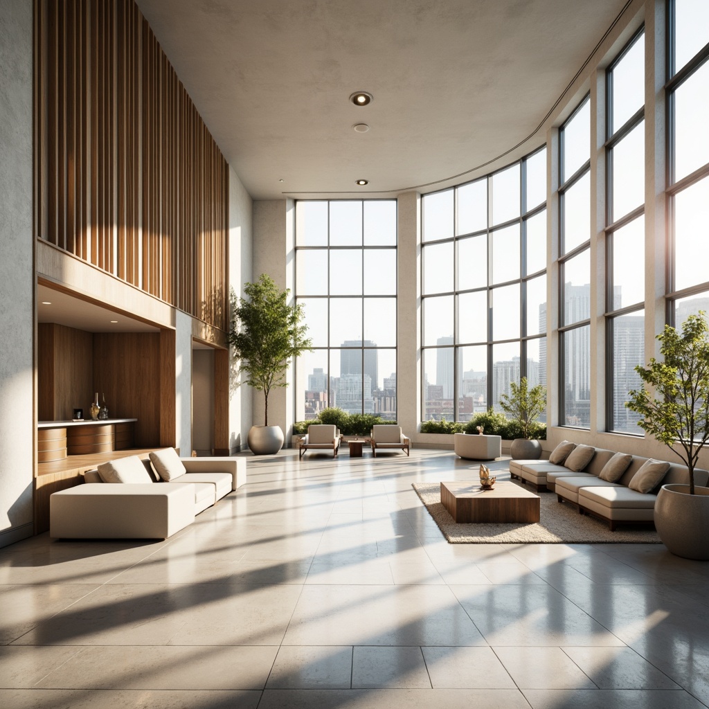 Prompt: Monochromatic hotel lobby, minimalist decor, creamy whites, soft grays, warm beiges, natural wood accents, sleek metallic lines, modern furniture, geometric patterns, subtle textures, ambient lighting, floor-to-ceiling windows, urban cityscape views, afternoon sunbeams, shallow depth of field, 1/1 composition, realistic rendering, soft focus, atmospheric perspective.