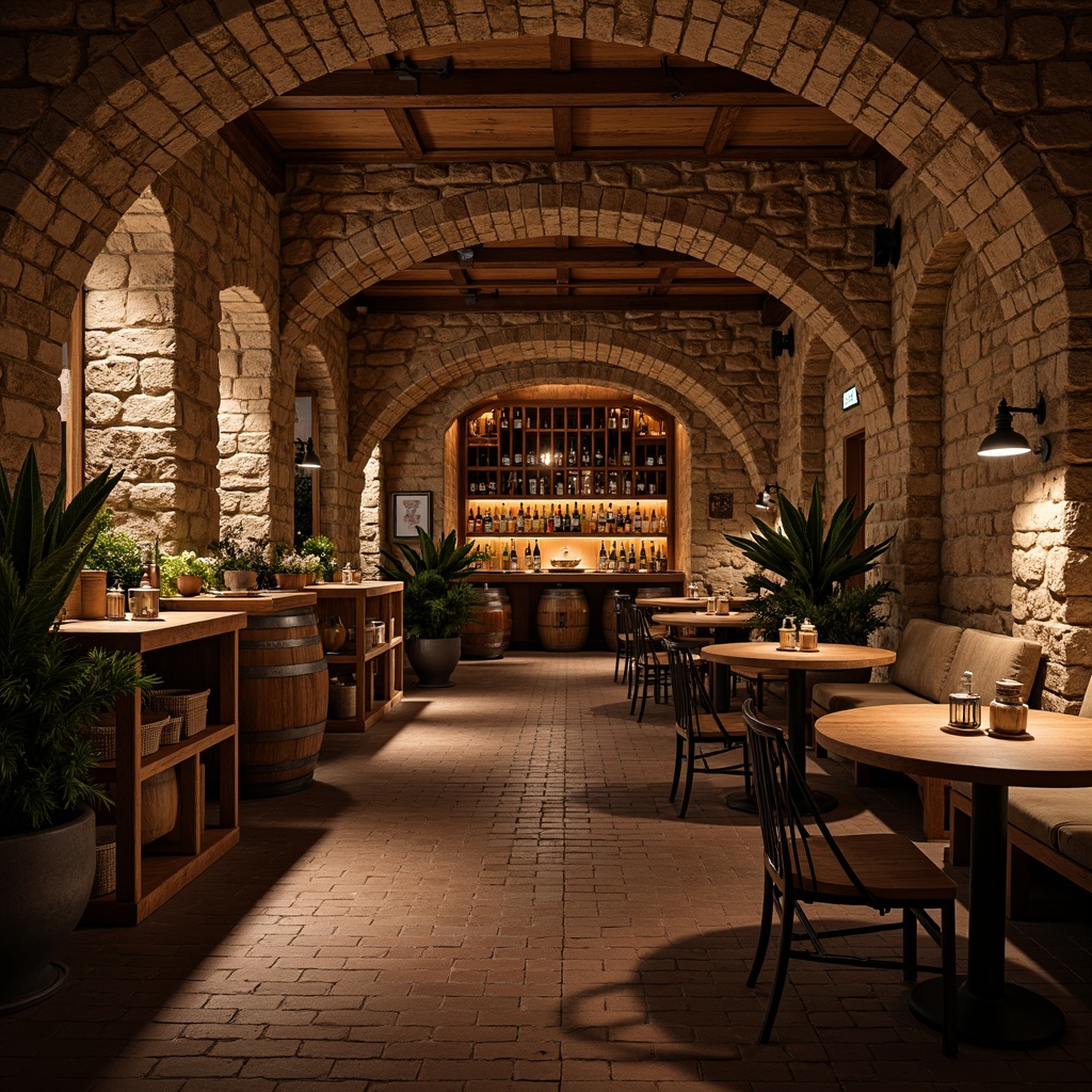 Prompt: Rustic wine cellar, stone walls, earthy tones, warm ambient lighting, wooden barrels, vintage wine bottles, dimly lit atmosphere, arched doorways, brick floors, natural stone textures, rich wood accents, intimate seating areas, soft candlelight, cozy nooks, aged wooden tables, wrought iron decor, lush greenery, subtle backlighting, shallow depth of field, 1/2 composition, warm color palette, realistic textures.