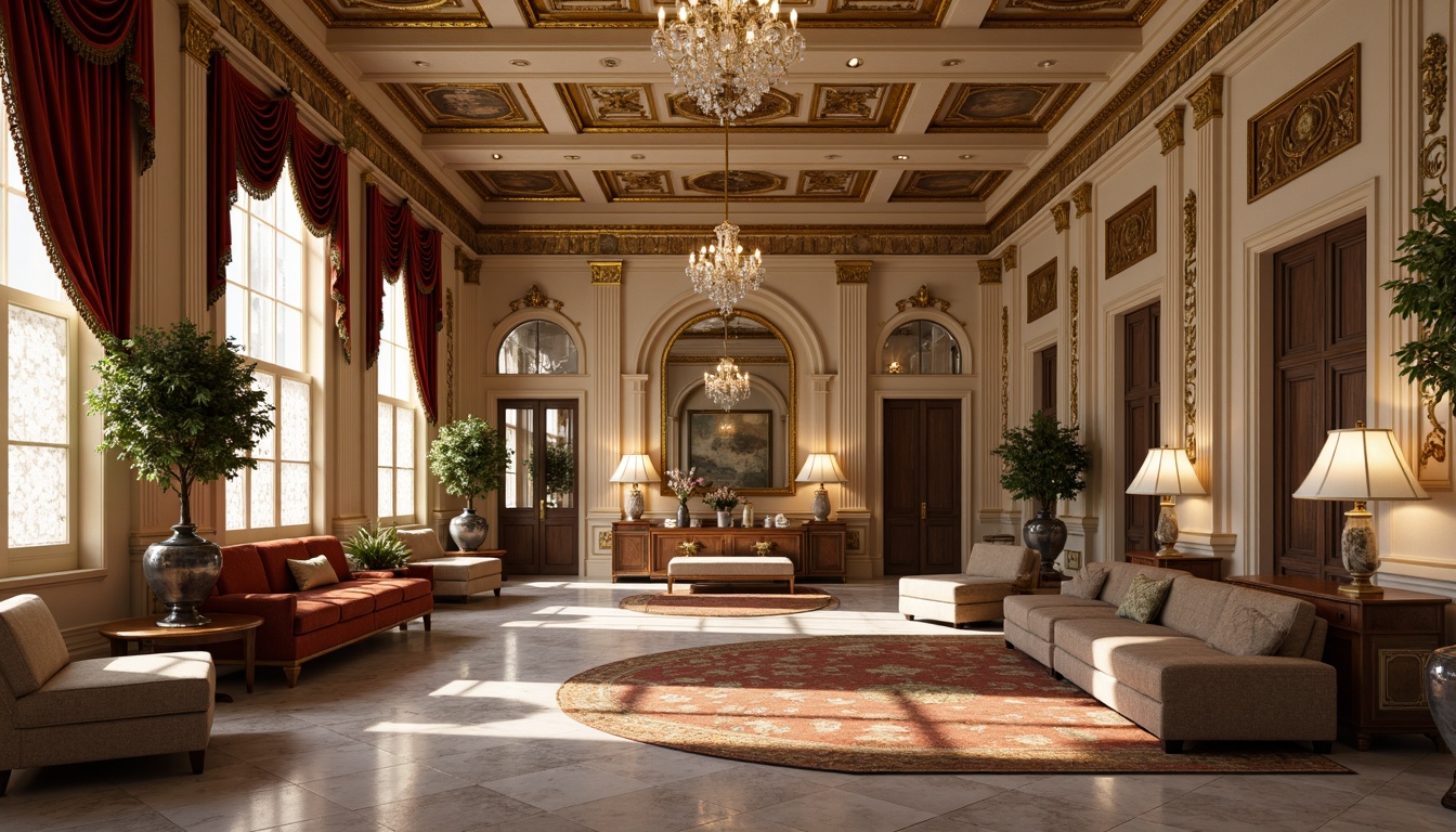 Prompt: Rich velvet fabrics, ornate gold accents, soft cream walls, dark wood paneling, luxurious marble floors, crystal chandeliers, delicate lace curtains, subtle beige tones, muted olive greens, warm terracotta hues, classic Corinthian columns, intricate moldings, opulent furnishings, lavish drapery, Renaissance-inspired patterns, dramatic coved ceilings, warm golden lighting, shallow depth of field, 1/1 composition, realistic textures, ambient occlusion.