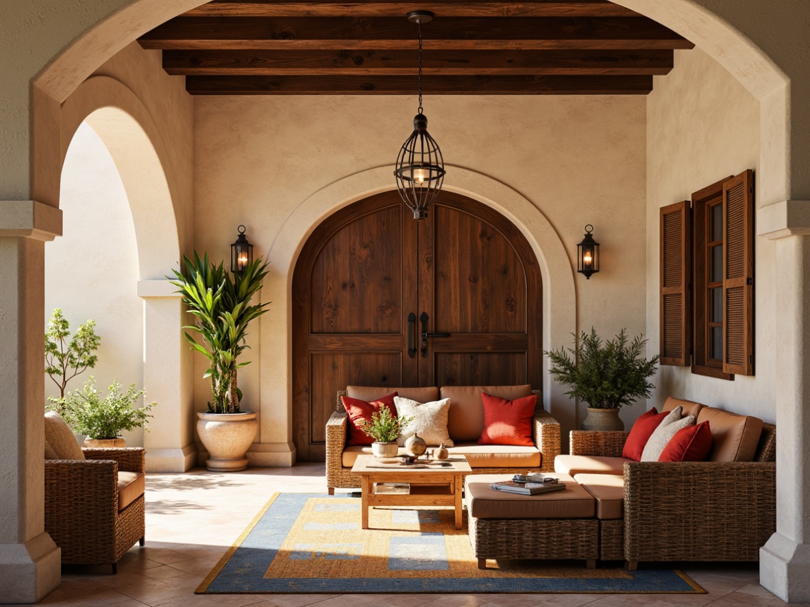 Prompt: Warm Mediterranean villa, rustic stone walls, creamy white arches, ornate wooden doors, distressed leather sofas, woven wicker chairs, colorful ceramic tiles, rich velvet drapes, ornamental metal lanterns, natural wood accents, curved lines, earthy color palette, sunny warm lighting, shallow depth of field, 1/1 composition, cozy intimate atmosphere, realistic textures, ambient occlusion.