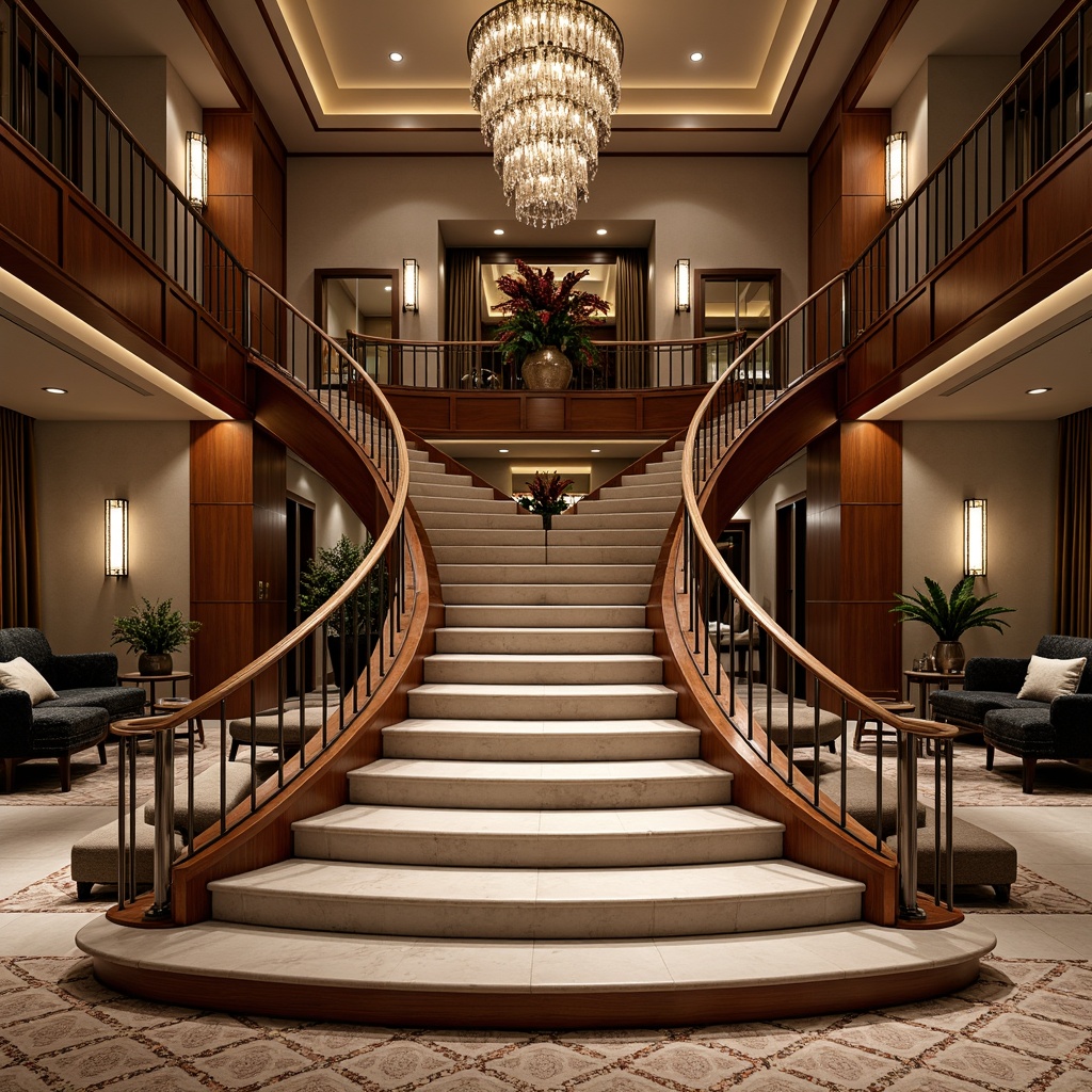 Prompt: Luxurious staircase, rich wood tones, polished metal railings, soft carpeted steps, marble landing platforms, sleek glass balusters, ornate ironwork details, warm ambient lighting, shallow depth of field, 1/1 composition, realistic textures, subtle shadows, luxurious fabrics, velvet upholstery, intricate patterned rugs, grand chandelier, opulent crystal fixtures, elegant curved lines, sophisticated modern design.