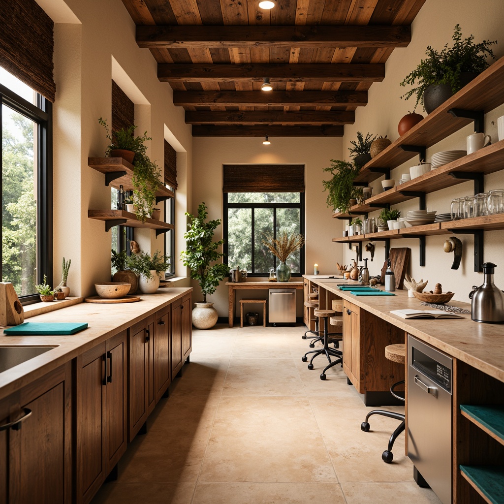 Prompt: Southwestern laboratory, warm earthy tones, wooden cabinetry, rustic metal hardware, distressed finishes, natural stone countertops, vibrant turquoise accents, geometric patterns, woven textiles, desert-inspired botanicals, sandy beige floors, reclaimed wood shelving, industrial-style lighting, modern minimalist decor, sleek stainless steel equipment, 3/4 composition, shallow depth of field, soft warm lighting, realistic textures, ambient occlusion.