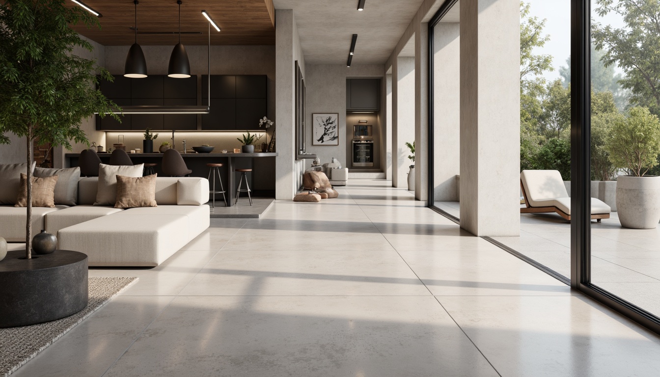 Prompt: Polished stone flooring, modern minimalist interior, sleek lines, monochromatic color scheme, natural textures, matte finish, geometric patterns, industrial chic aesthetic, reclaimed wood accents, LED lighting, open-plan living space, spacious atmosphere, bright neutral tones, subtle contrast, 1/1 composition, shallow depth of field, realistic rendering.