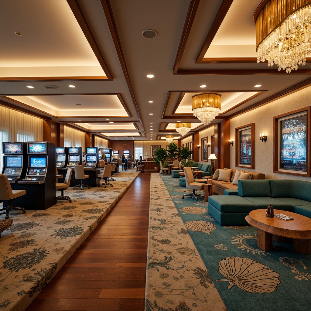 Prompt: Luxurious casino interior, coastal style decor, warm beige walls, polished wooden floors, plush carpeting, modern slot machines, elegant gaming tables, comfortable velvety sofas, ornate golden chandeliers, shell-shaped decorative accents, driftwood-inspired furniture, ocean-blue upholstery, coral-patterned rugs, natural textiles, tropical plants, ambient soft lighting, shallow depth of field, 1/1 composition, realistic renderings, subtle color grading.