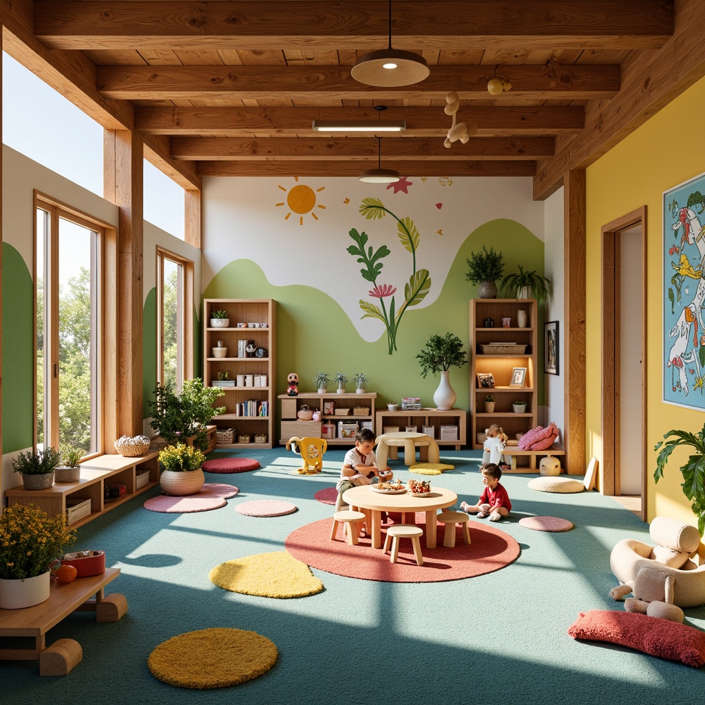 Prompt: Vibrant kindergarten interior, wooden accents, colorful textured walls, soft carpeted floors, whimsical murals, circular tables, tiny chairs, educational toys, playful storage units, natural light pouring in, large windows, sliding glass doors, cozy reading nooks, plush area rugs, interactive display shelves, stimulating sensory experiences, organic shapes, earthy tones, calming atmosphere, shallow depth of field, 1/1 composition, warm softbox lighting, realistic textures, ambient occlusion.