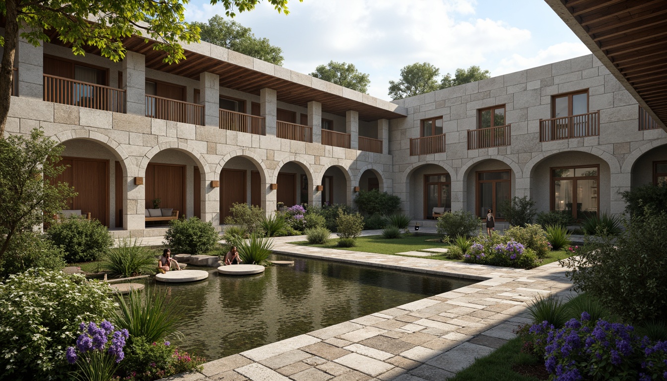 Prompt: Weathered stone walls, rustic wooden doors, serene monastery courtyard, tranquil water features, lush greenery, vibrant flowers, natural stone pathways, modern streamline architecture, curved lines, minimalist design, large windows, glass doors, warm lighting, soft shadows, subtle texture details, ambient occlusion, 3/4 composition, shallow depth of field, realistic renderings, atmospheric mist, peaceful atmosphere.