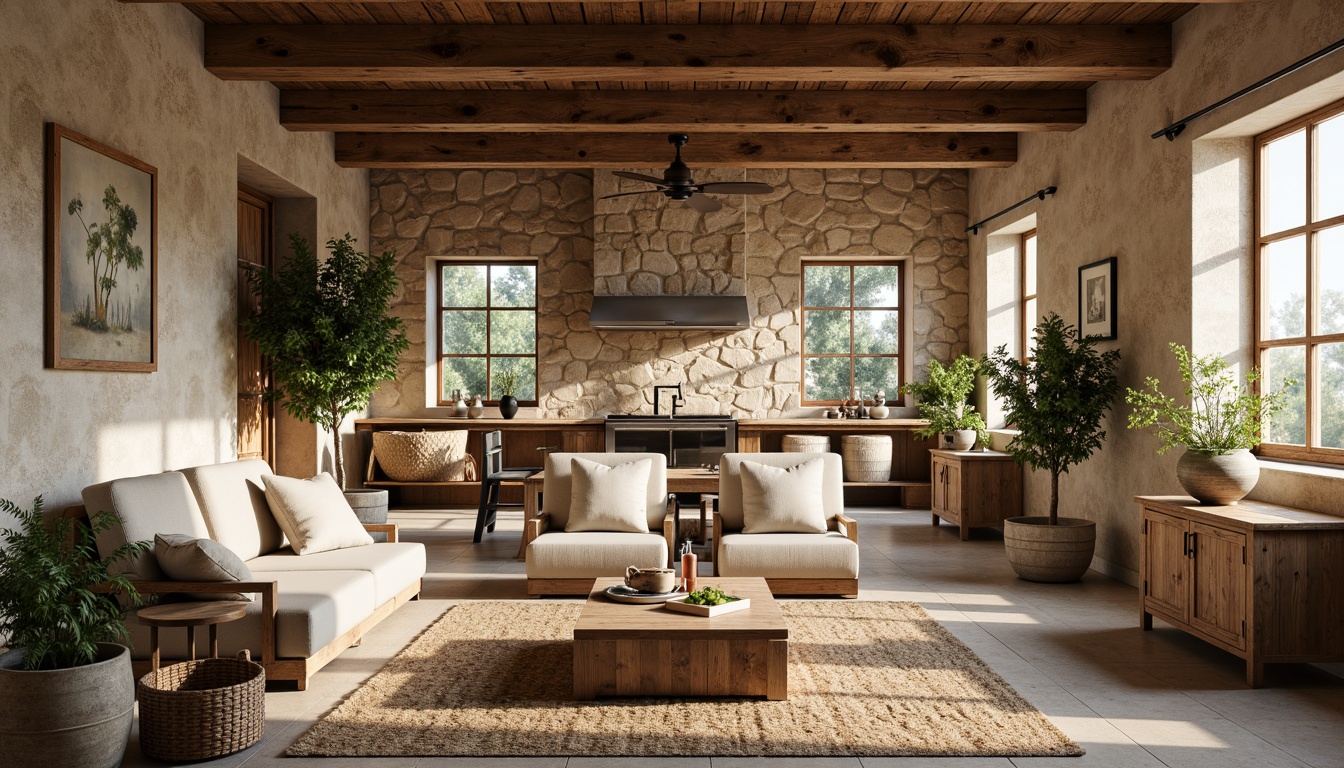 Prompt: Rustic farmhouse interior, natural stone walls, reclaimed wooden beams, earthy color palette, woven jute rugs, linen upholstery, vintage metal accents, potted greenery, wooden farm tables, distressed finishes, soft warm lighting, shallow depth of field, 1/1 composition, realistic textures, ambient occlusion, natural fabrics, organic shapes, earthy scents, cozy atmosphere.