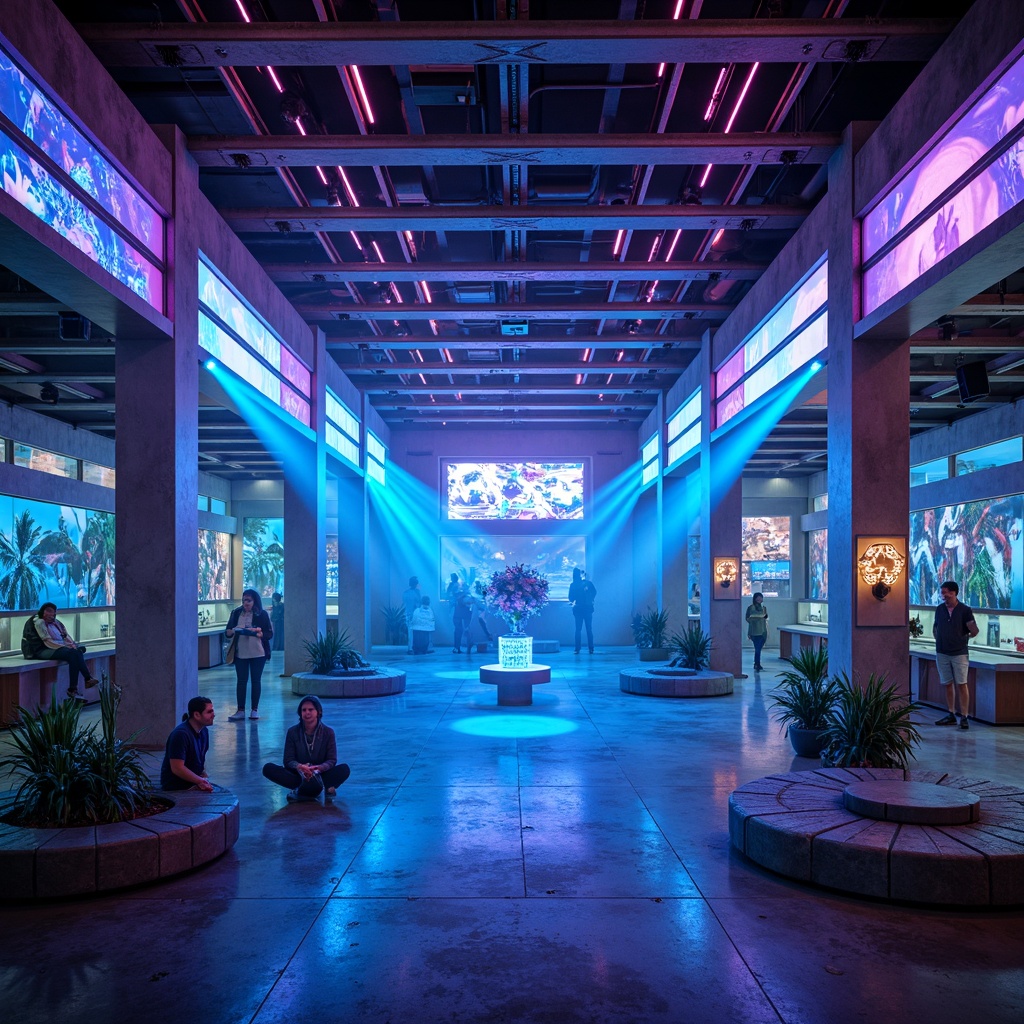 Prompt: Neon-lit futuristic youth center, sleek metal framework, holographic projections, LED strip lights, glowing accents, iridescent color schemes, dynamic shadowplay, high-contrast spotlights, ambient occlusion, atmospheric fog effects, 3D laser beams, prismatic light refractions, cyberpunk-inspired neon signs, vibrant electric blue hues, pulsing strobe lights, futuristic lanterns, angular geometric shapes, minimalist decor, innovative LED installations, immersive virtual reality experiences, panoramic cityscape views, shallow depth of field, realistic metallic reflections.