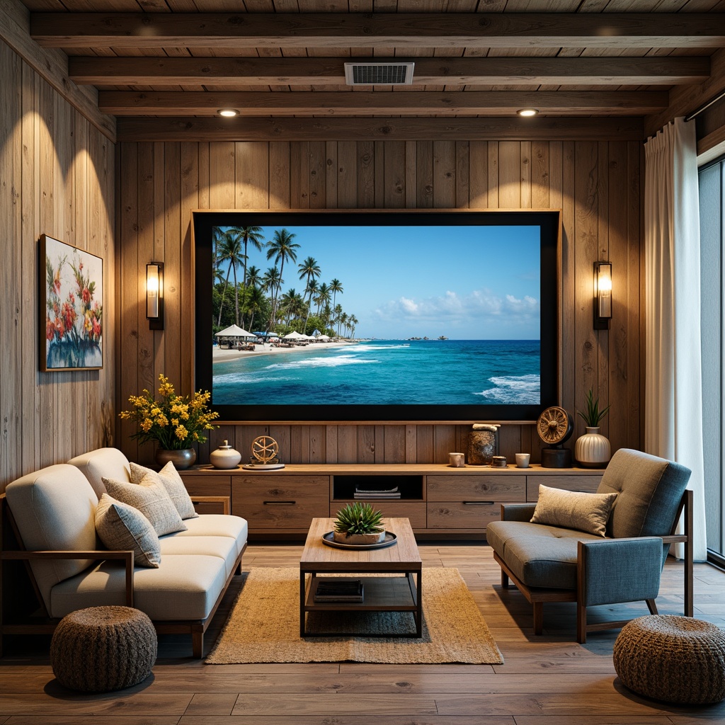 Prompt: Coastal cinema setting, reclaimed wood accent walls, distressed finishes, natural textures, ocean-inspired color palette, soothing blues and whites, comfortable plush seating, vintage nautical decor, antique marine instruments, rustic metal lighting fixtures, woven jute rugs, driftwood sculptures, coral-patterned textiles, weathered wooden planks, soft warm lighting, cinematic ambiance, 1/2 composition, shallow depth of field, realistic reflections.