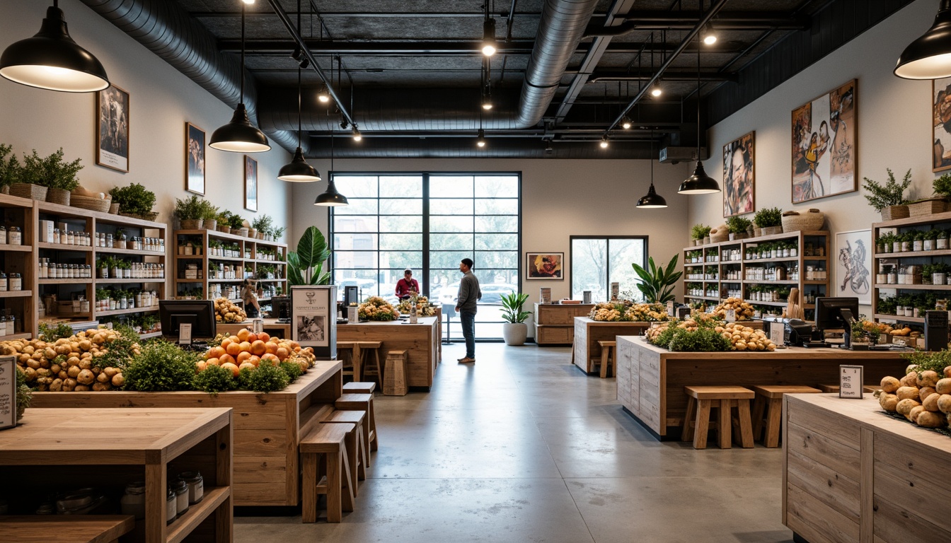 Prompt: Simple, industrial-style grocery store, minimalist decor, neutral color palette, polished concrete floors, exposed ductwork, metal shelving units, reclaimed wood accents, pendant lighting fixtures, modern cash registers, digital signage, efficient checkout lanes, ample natural light, airy atmosphere, urban loft-inspired design, distressed textures, subtle branding elements, 1-point perspective composition, softbox lighting, high-contrast images, realistic reflections.