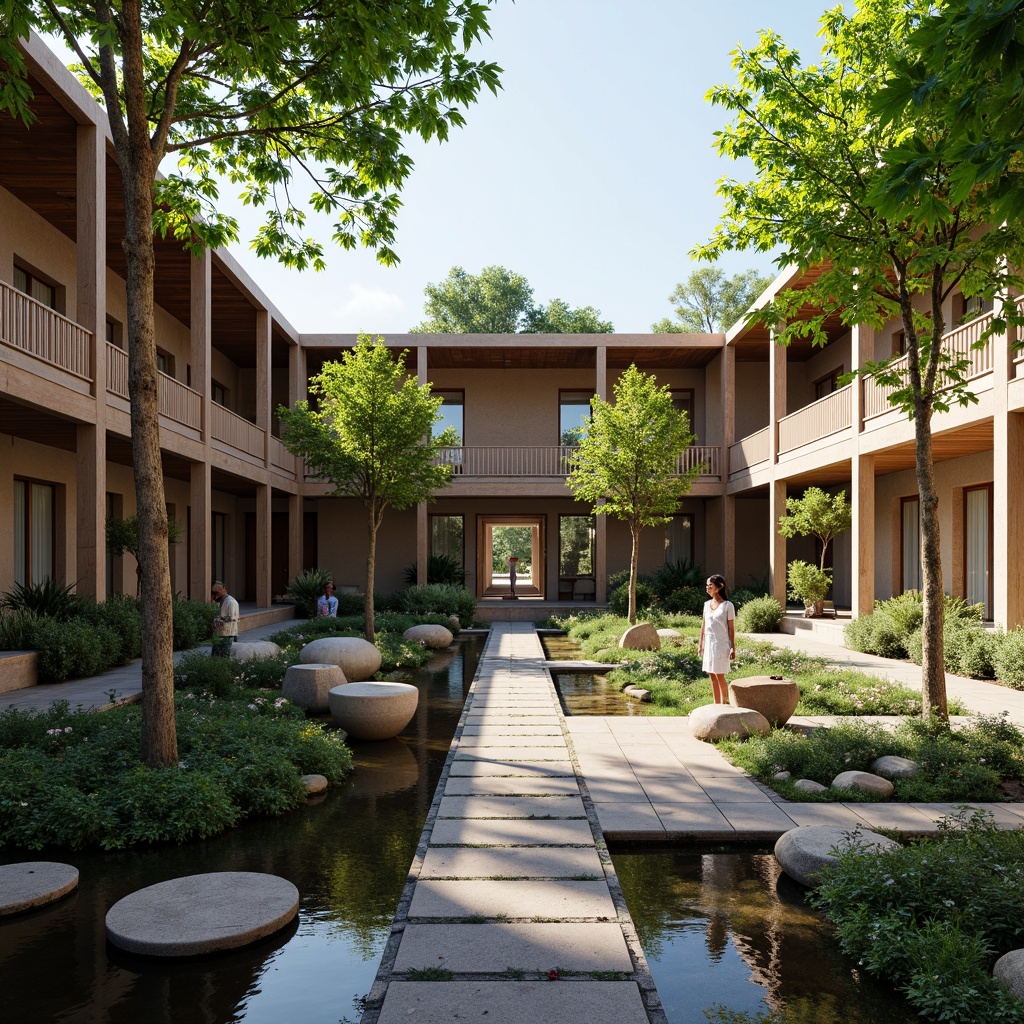 Prompt: Serenely peaceful monastery courtyard, lush greenery, tranquil water features, natural stone walkways, modern minimalist architecture, sleek lines, clean simplicity, abundant natural light, warm earthy tones, rustic wooden accents, subtle spiritual symbols, calming ambiance, shallow depth of field, 3/4 composition, panoramic view, realistic textures, ambient occlusion.