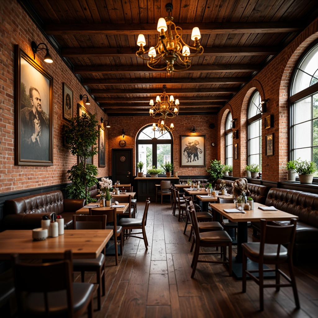 Prompt: Rustic pub interior, exposed brick walls, wooden beam ceilings, warm earthy tones, vintage distressed finishes, rich leather upholstery, ornate metalwork, reclaimed wood accents, classic pub signage, traditional British architectural elements, grand chandeliers, soft warm lighting, shallow depth of field, 1/1 composition, realistic textures, ambient occlusion.