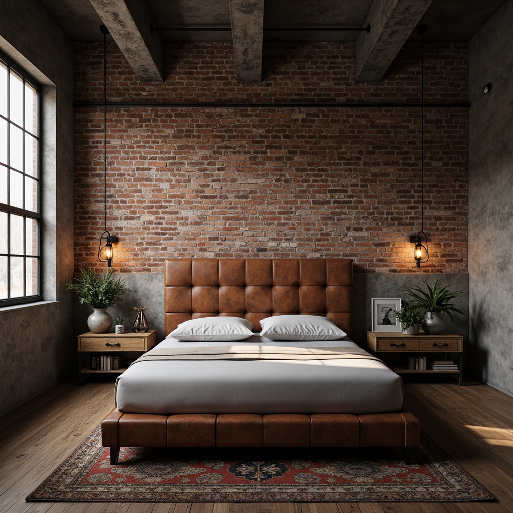 Prompt: Exposed brick walls, metal beams, industrial chic decor, reclaimed wood flooring, minimalist bed frame, distressed leather headboard, urban loft atmosphere, Edison bulb lighting, metal side tables, wooden crates, vintage factory windows, concrete accent walls, rustic metal lamps, worn-out rugs, brutalist architecture, moody color palette, dramatic shadows, high-contrast lighting, cinematic composition.