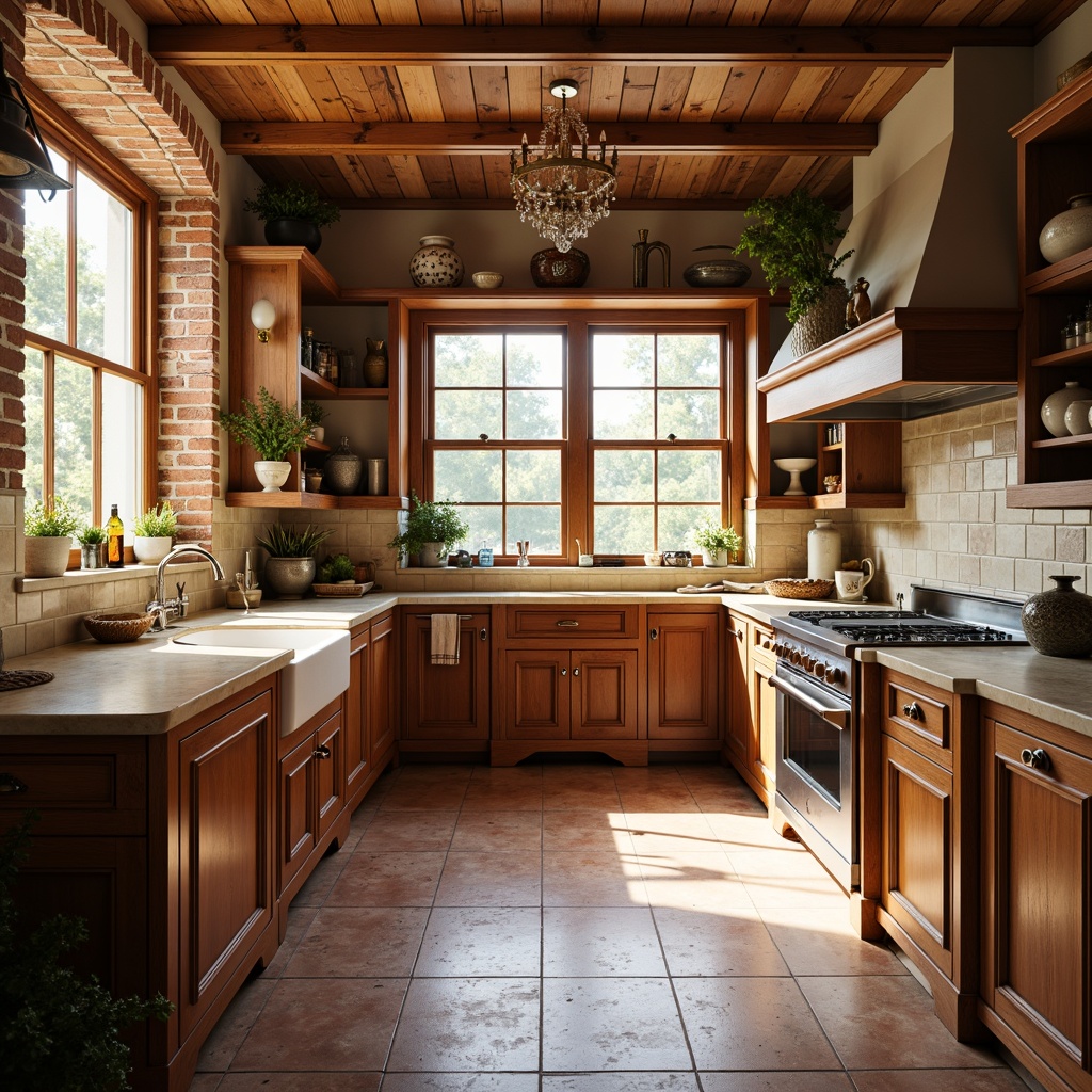 Prompt: Warm traditional kitchen, rustic wooden cabinets, creamy marble countertops, earthy terracotta flooring, distressed hardwood planks, soft warm lighting, cozy atmosphere, classic shaker style furniture, ornate metal hardware, natural stone walls, brick archways, sunny windows, elegant chandeliers, rich wood tones, vintage decor accents, antique appliances, traditional English country charm.