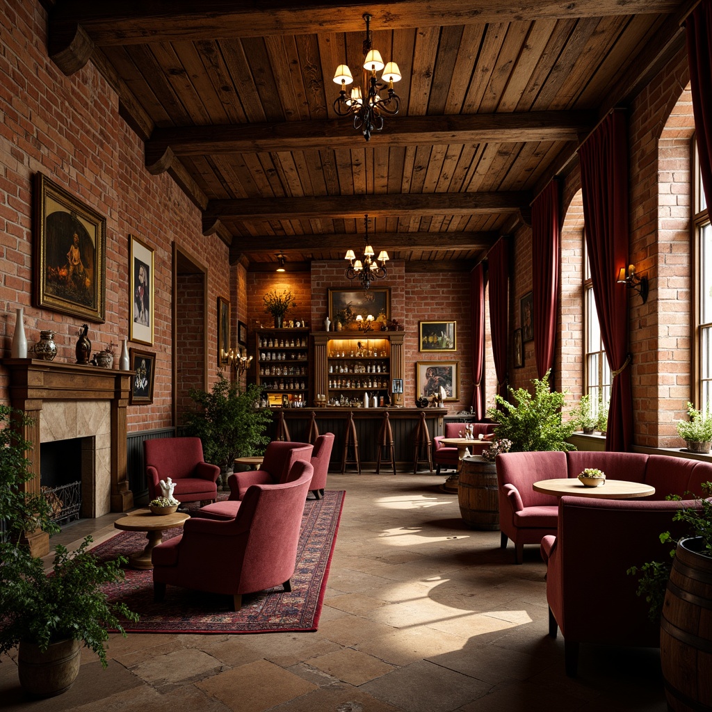 Prompt: Rustic pub interior, distressed wooden walls, vintage brick finishes, ornate metalwork, rich velvet drapes, warm golden lighting, plush furnishings, antique decorations, wooden barrel tables, traditional British ambiance, cozy fireplaces, natural stone floors, earthy color palette, subtle texture variations, ambient occlusion, 1/2 composition, soft focus, realistic reflections.