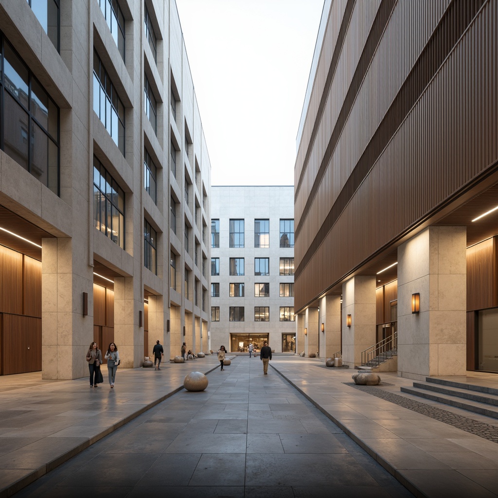 Prompt: Neutral government buildings, beige stone facades, subtle metallic accents, earthy brown tones, calming blue hues, natural wood textures, minimal ornamentation, sleek glass railings, modern LED lighting, soft diffused illumination, 1/1 composition, shallow depth of field, realistic renderings, ambient occlusion.