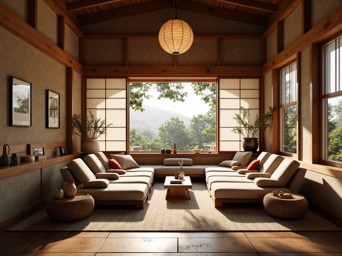 Prompt: Traditional Japanese shoji screens, warm wood accents, natural stone flooring, woven bamboo chairs, rich silk fabrics, intricate paper lanterns, subtle rice paper textures, soft diffused lighting, gentle shadows, 1/1 composition, harmonious color palette, serene ambiance, minimal ornamentation, elegant simplicity, refined cultural heritage.