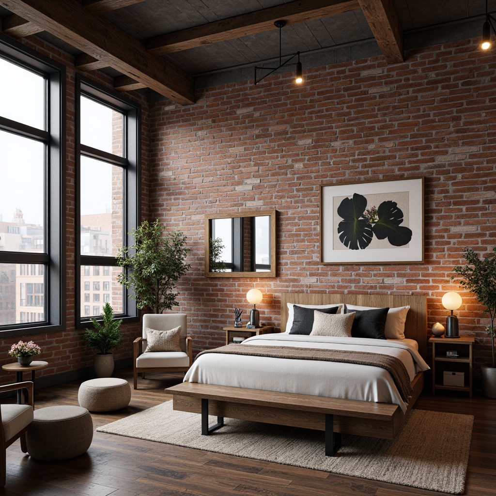 Prompt: Exposed brick walls, metal frame windows, distressed wood flooring, industrial-style lighting fixtures, reclaimed wooden bed frames, minimalist metal nightstands, vintage factory-style chairs, Edison bulb pendant lamps, urban loft-inspired decor, rough-textured throw blankets, weathered leather sofas, metallic accents, functional shelving units, modern industrial color palette, bold geometric patterns, abstract artwork, cityscape views, soft box lighting, 3/4 composition, realistic textures.