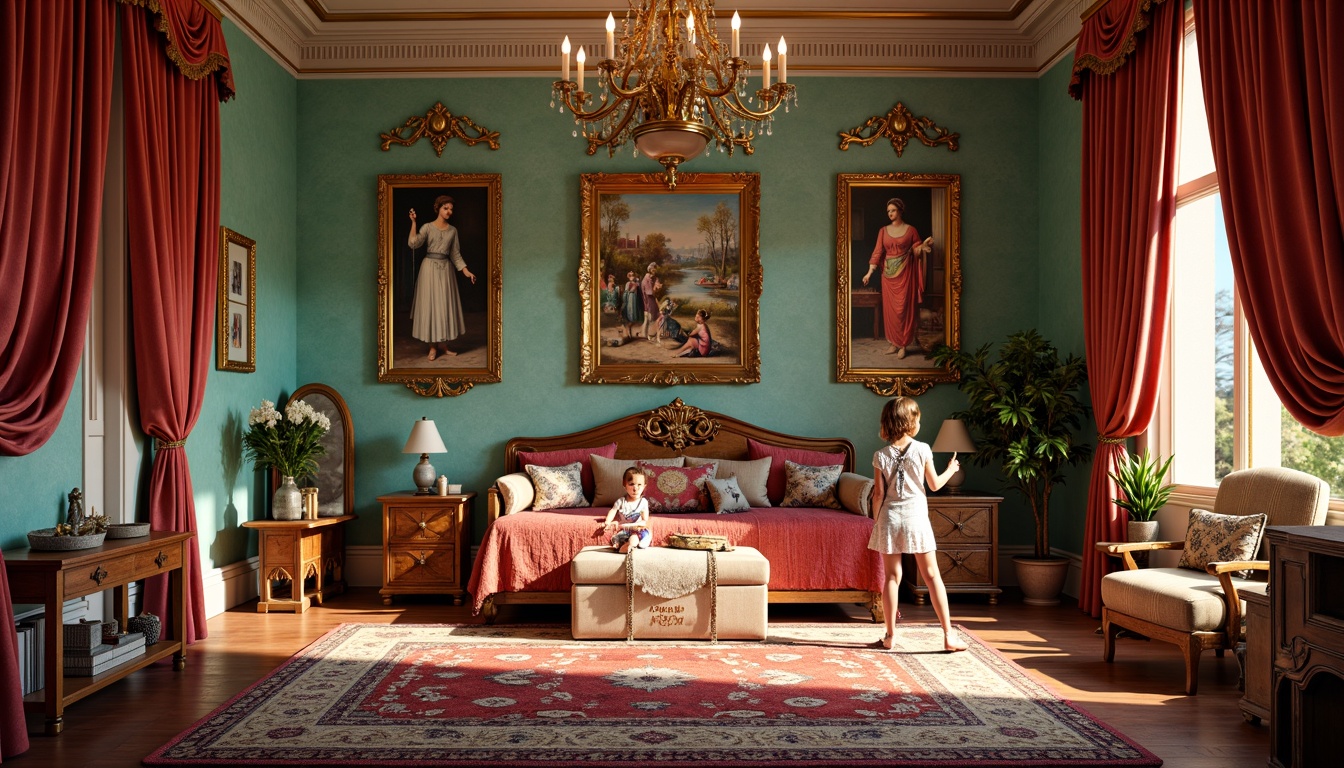 Prompt: Vibrant kids' room, Renaissance-style wall decor, golden ornate frames, colorful fresco paintings, intricate stone carvings, luxurious velvet drapes, majestic chandeliers, antique wooden furniture, plush area rugs, soft warm lighting, 1/2 composition, shallow depth of field, realistic textures, ambient occlusion.