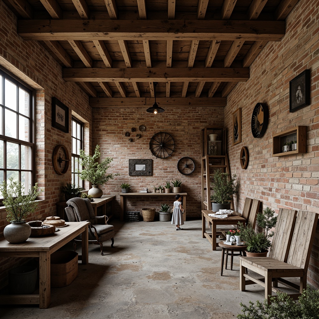 Prompt: Rustic farmhouse, distressed wood accents, industrial metal frames, vintage agricultural tools, earthy tones, weathered brick walls, natural stone floors, reclaimed wood beams, galvanized steel decor, muted color palette, soft warm lighting, subtle shadows, 1/2 composition, atmospheric perspective, realistic textures, ambient occlusion.