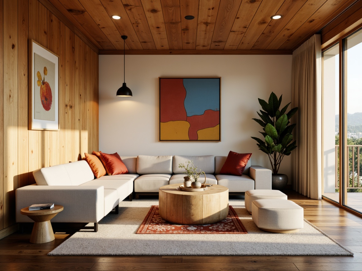 Prompt: Vibrant living room, rich wood accents, warm beige walls, plush sofas, modern minimalist decor, soft golden lighting, creamy whites, deep blues, earthy tones, natural textures, organic patterns, eclectic artwork, cozy atmosphere, intimate seating areas, rustic wooden floors, decorative rugs, calming ambiance, 1/2 composition, warm color harmony.