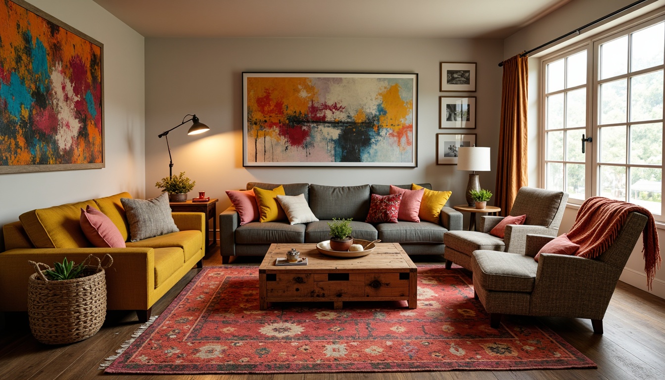 Prompt: Vibrant eclectic family room, plush sectional sofa, mismatched armchairs, vintage ottoman, reclaimed wood coffee table, colorful Moroccan-inspired rug, textured throw blankets, unique artisanal decor, abstract artwork, industrial metal floor lamps, woven wicker baskets, natural fiber upholstery, bold patterned pillows, warm cozy atmosphere, soft golden lighting, shallow depth of field, 2/3 composition, realistic textures, ambient occlusion.