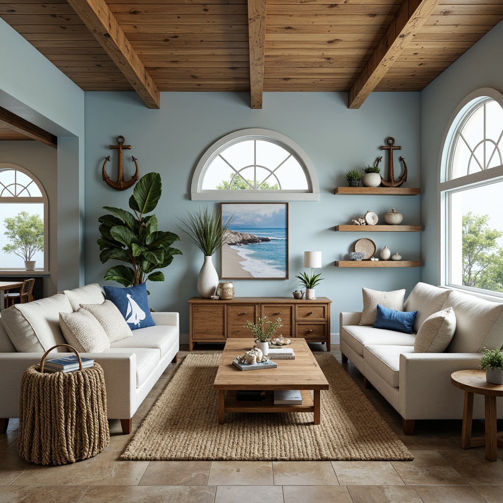 Prompt: Coastal-themed living room, driftwood furniture, nautical rope accents, ocean-blue walls, sandy beige floors, seashell decorations, coral-inspired vases, fish-shaped throw pillows, sailing-themed artwork, natural textiles, woven rattan baskets, distressed wood shelves, vintage anchors, porthole windows, soft warm lighting, 1/1 composition, shallow depth of field, realistic ocean sounds.