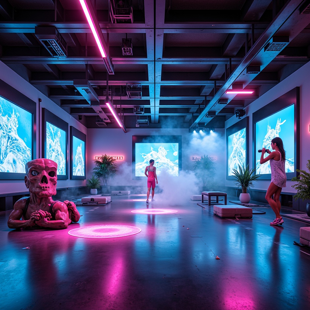 Prompt: Futuristic gym interior, neon-lit ambiance, sleek metal beams, mirrored walls, LED floor lights, holographic displays, virtual fitness instructors, high-tech exercise equipment, kinetic sculptures, atmospheric fog, vibrant color scheme, abstract geometric patterns, minimalist decor, ambient glow, spotlights on athletic forms, shallow depth of field, 1/1 composition, realistic reflections, softbox lighting.