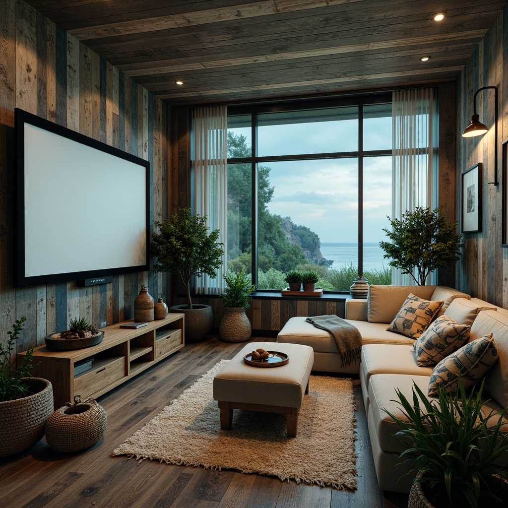 Prompt: Coastal cinema setting, accent walls with reclaimed wood planks, soft blue-green hues, natural textures, driftwood-inspired decorations, comfortable plush seating, ambient warm lighting, nautical-themed accessories, ocean-inspired color palette, vintage marine equipment, distressed finishes, rustic metal accents, woven sea grass-patterned rugs, calm seaside atmosphere, cinematic screens, surround sound systems, intimate viewing areas, cozy throw blankets, decorative shells and pebbles, serene ocean views, misty morning light, shallow depth of field, 1/1 composition, realistic renderings.