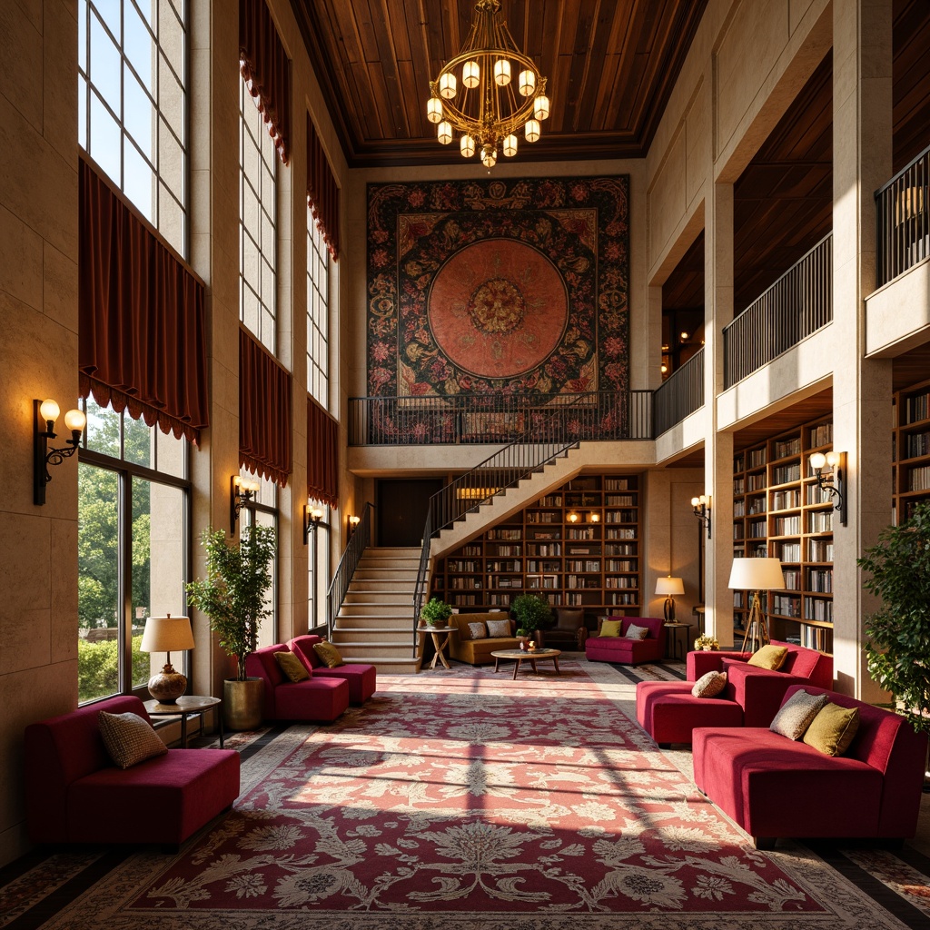 Prompt: Luxurious library interior, rich velvet fabrics, ornate bronze accents, geometric patterned rugs, warm golden lighting, high ceilings, grand staircase, elegant reading areas, comfortable leather armchairs, sophisticated wooden paneling, classic marble columns, vibrant colorful tapestries, intricate metallic embroidery, soft warm beige walls, subtle Art Deco motifs, 1/2 composition, realistic textures, ambient occlusion.