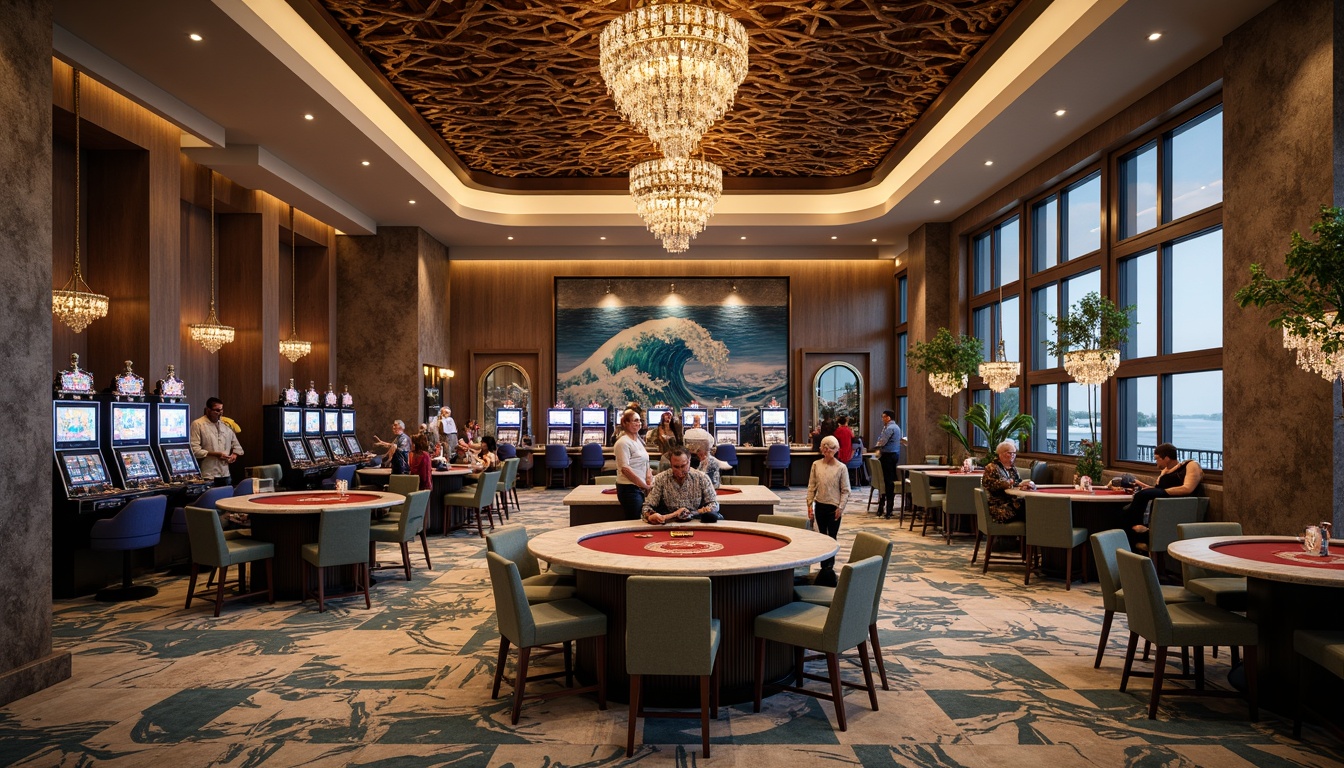 Prompt: Luxurious casino interior, coastal vibe, driftwood accents, ocean-inspired color palette, plush carpets, velvet upholstery, ornate chandeliers, statement lighting fixtures, modern slot machines, elegant poker tables, roulette wheels, luxurious bars, rich wood tones, polished marble countertops, nautical-themed decorative accessories, coral-patterned rugs, wave-motif wall art, soft warm glow, atmospheric misting systems, 1/1 composition, cinematic lighting, realistic textures, ambient occlusion.