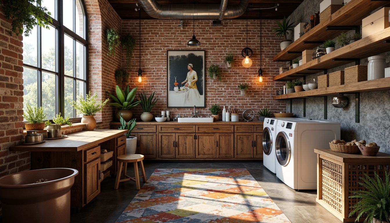 Prompt: Vibrant laundry room, eclectic mix of vintage and modern elements, distressed wooden cabinets, industrial metal shelving, colorful patterned tiles, textured concrete flooring, exposed brick walls, rustic wooden crates, woven baskets, decorative lighting fixtures, bold artwork, statement furniture pieces, oversized windows, natural light, soft warm glow, 1/2 composition, shallow depth of field, realistic textures.