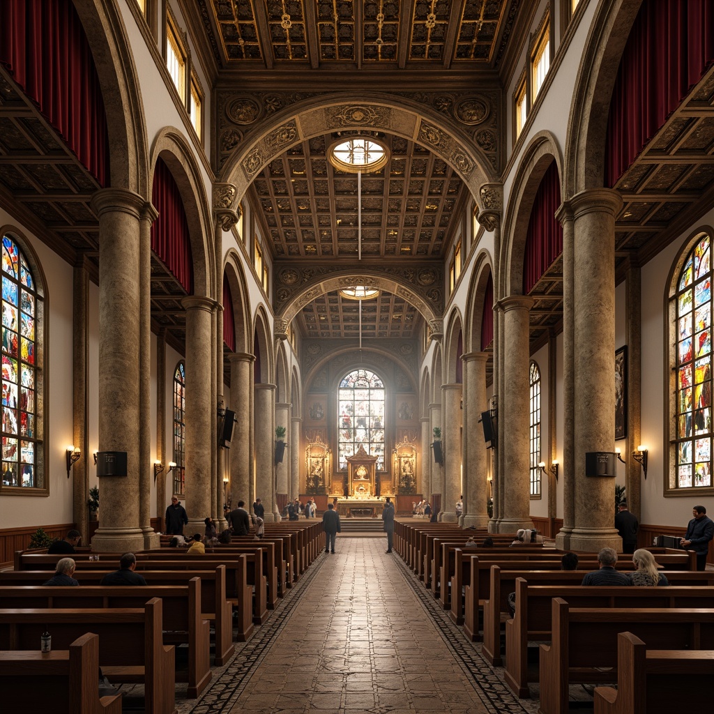 Prompt: Intricate stone carvings, ornate golden details, majestic cathedral architecture, grandiose stained glass windows, solemn prayer halls, lavish velvet drapes, elegant wooden pews, sacred religious symbols, mystical candlelight, soft warm ambiance, subtle misting, 1/1 composition, symmetrical framing, realistic textures, ambient occlusion.