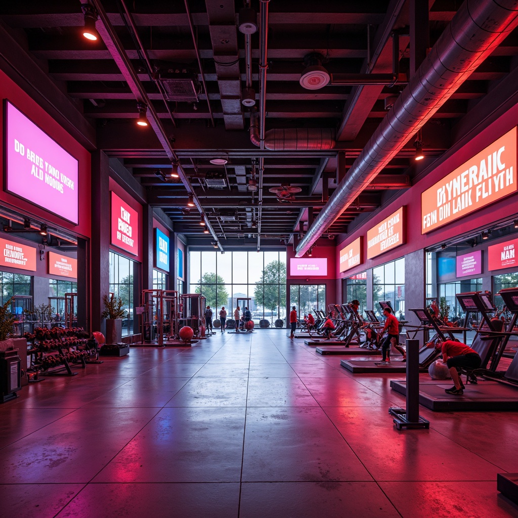 Prompt: Vibrant gym interior, bold color scheme, energetic atmosphere, industrial metal beams, polished concrete floors, neon-lit signs, modern exercise equipment, sleek mirrored walls, motivational quotes, high-ceiling windows, natural daylight, dynamic shadows, warm ambient lighting, 1/2 composition, shallow depth of field, realistic textures, subtle noise reduction.