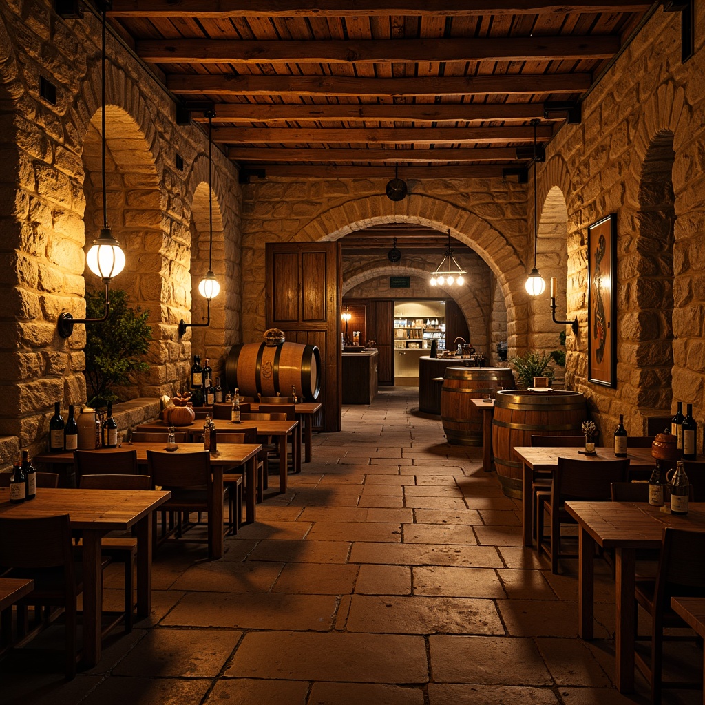 Prompt: Rustic wine cellar, stone walls, earthy tones, dim warm lighting, wooden barrel tables, vintage wine bottles, metal lanterns, brick archways, natural stone flooring, rich wood accents, cozy seating areas, intimate atmosphere, soft focus, shallow depth of field, 2/3 composition, warm color palette, authentic textures, subtle ambient occlusion.