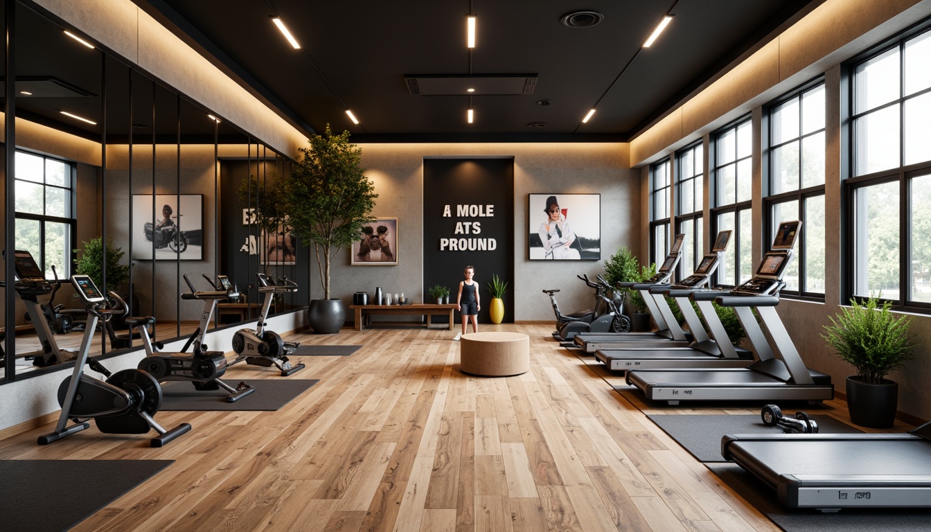 Prompt: Cozy home gym, wooden flooring, mirrored walls, weightlifting equipment, treadmills, exercise bikes, kettlebells, resistance bands, yoga mats, motivational quotes, modern lighting fixtures, high ceilings, large windows, natural daylight, soft ambient lighting, 1/2 composition, shallow depth of field, realistic textures.