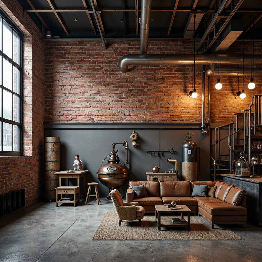 Prompt: Urban factory backdrop, exposed brick walls, metal beams, industrial pipes, reclaimed wood accents, concrete floors, steel frames, Edison bulb lighting, vintage manufacturing equipment, distressed leather furniture, metallic color palette, rough-textured surfaces, atmospheric misting, shallow depth of field, 1/2 composition, realistic reflections, ambient occlusion.