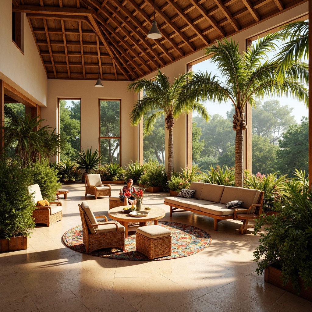 Prompt: Vibrant community center, tropical style architecture, natural lighting, high ceilings, wooden beams, large windows, sliding glass doors, lush greenery, palm trees, exotic flowers, warm beige walls, earthy tone floors, rattan furniture, woven textiles, colorful tribal patterns, soft diffused light, warm sunny day, shallow depth of field, 1/1 composition, realistic textures, ambient occlusion.