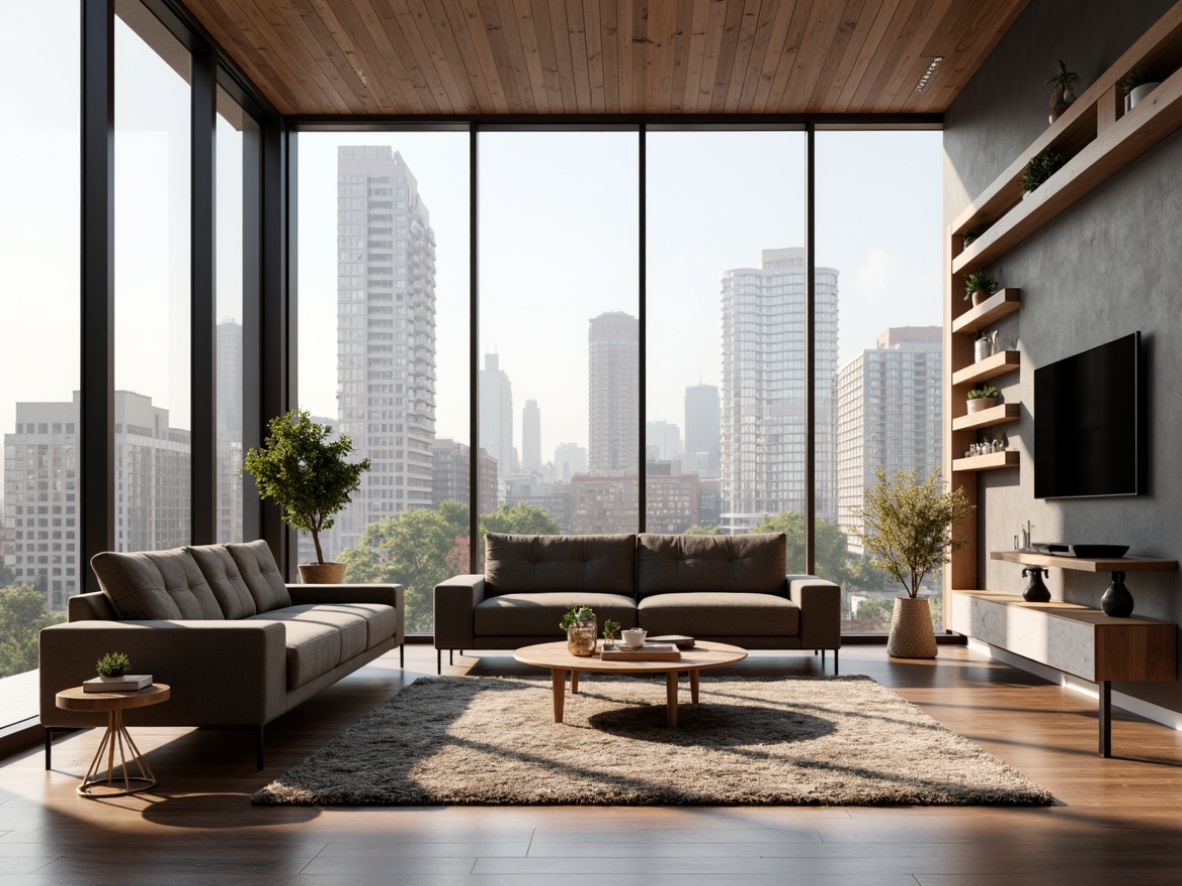 Prompt: Modern living room, sleek low-profile sofa, tufted velvet upholstery, metallic legs, minimalist coffee table, geometric-shaped side tables, floor-to-ceiling windows, urban city view, soft warm lighting, 1/1 composition, realistic textures, ambient occlusion, plush area rug, natural wood flooring, eco-friendly materials, space-saving design, multi-functional furniture, hidden storage compartments, adjustable shelving systems, wall-mounted TV console, subtle color palette, Scandinavian-inspired aesthetic.