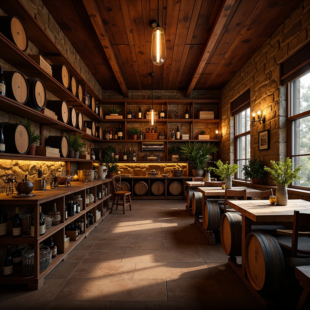 Prompt: Rich wooden accents, eclectic wine cellar, dimly lit atmosphere, rustic stone walls, wrought iron shelves, reclaimed wood racks, vintage wine barrels, ornate metalwork, distressed finishes, warm golden lighting, soft focus, shallow depth of field, 1/2 composition, horizontal framing, realistic textures, ambient occlusion.