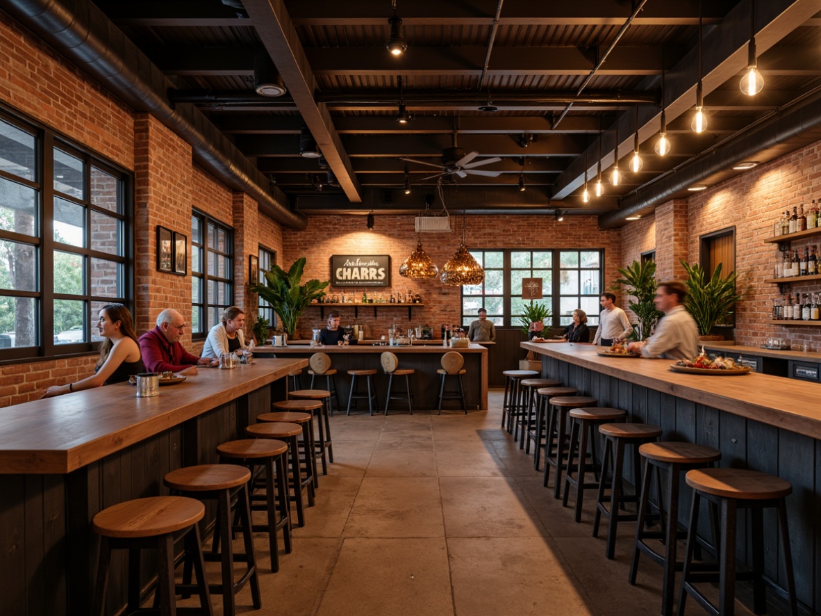 Prompt: Modern bar interior, industrial chic decor, reclaimed wood accents, metal beam ceilings, exposed brick walls, pendant lighting fixtures, Edison bulbs, rustic wooden tables, stools with metal legs, vintage-inspired signage, ambient warm glow, soft box lighting, 1/1 composition, shallow depth of field, realistic textures, subtle color grading.