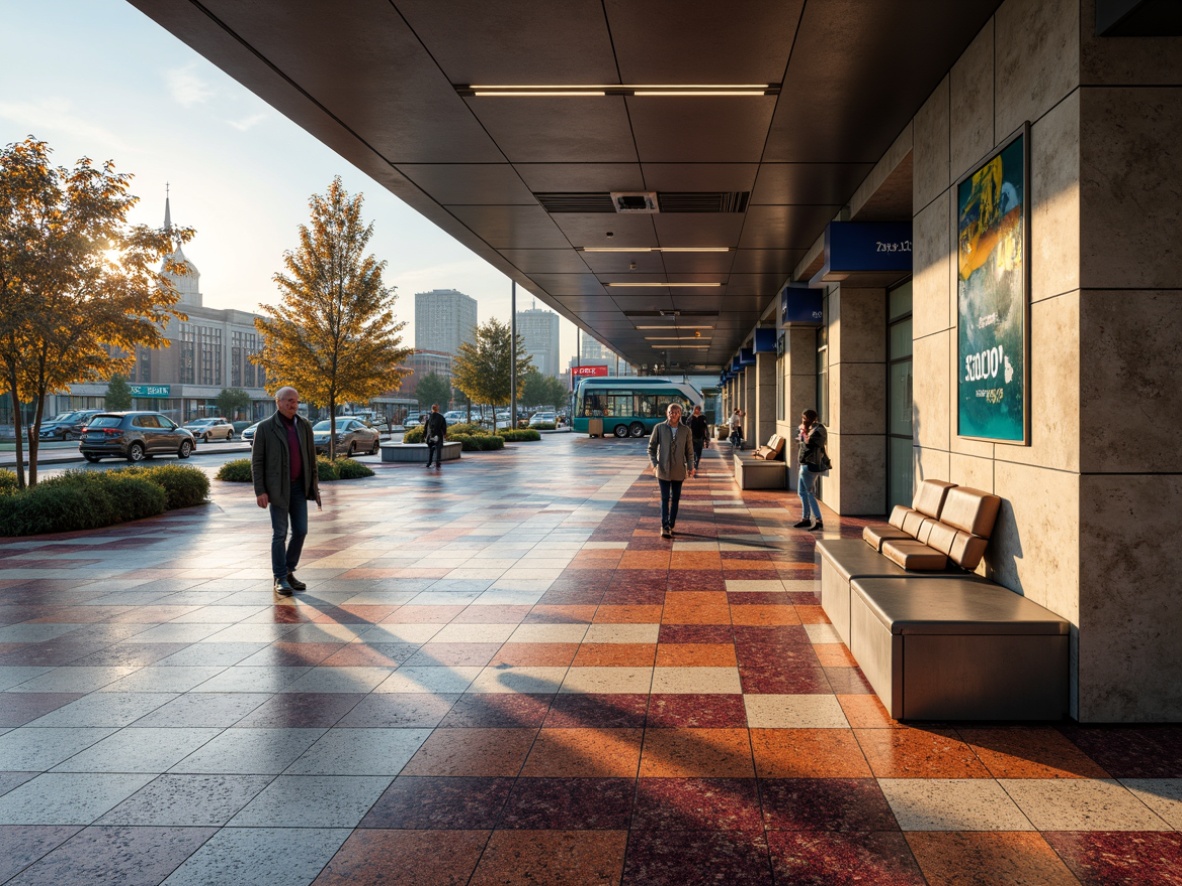 Prompt: Polished terrazzo flooring, vibrant color schemes, geometric patterns, high-traffic durability, slip-resistant surfaces, modern bus station architecture, sleek metal benches, futuristic lighting fixtures, bustling city atmosphere, rush hour activity, natural stone accents, urban landscape views, warm ambient lighting, shallow depth of field, 1/1 composition, realistic textures, ambient occlusion.