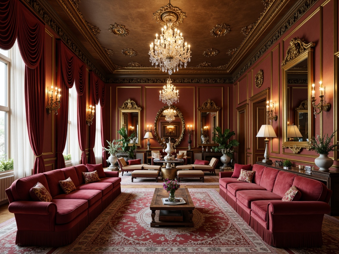 Prompt: Luxurious Baroque interior, ornate furnishings, velvet upholstery, gilded frames, intricate carvings, rich wood tones, marble accents, crystal chandeliers, lavish drapery, regal colors, grandiose proportions, sweeping curves, dramatic lighting, warm ambient glow, opulent textures, fine art pieces, antique vases, majestic mirrors, stately furniture legs, ornamental metalwork, classical patterns, sophisticated color palette.