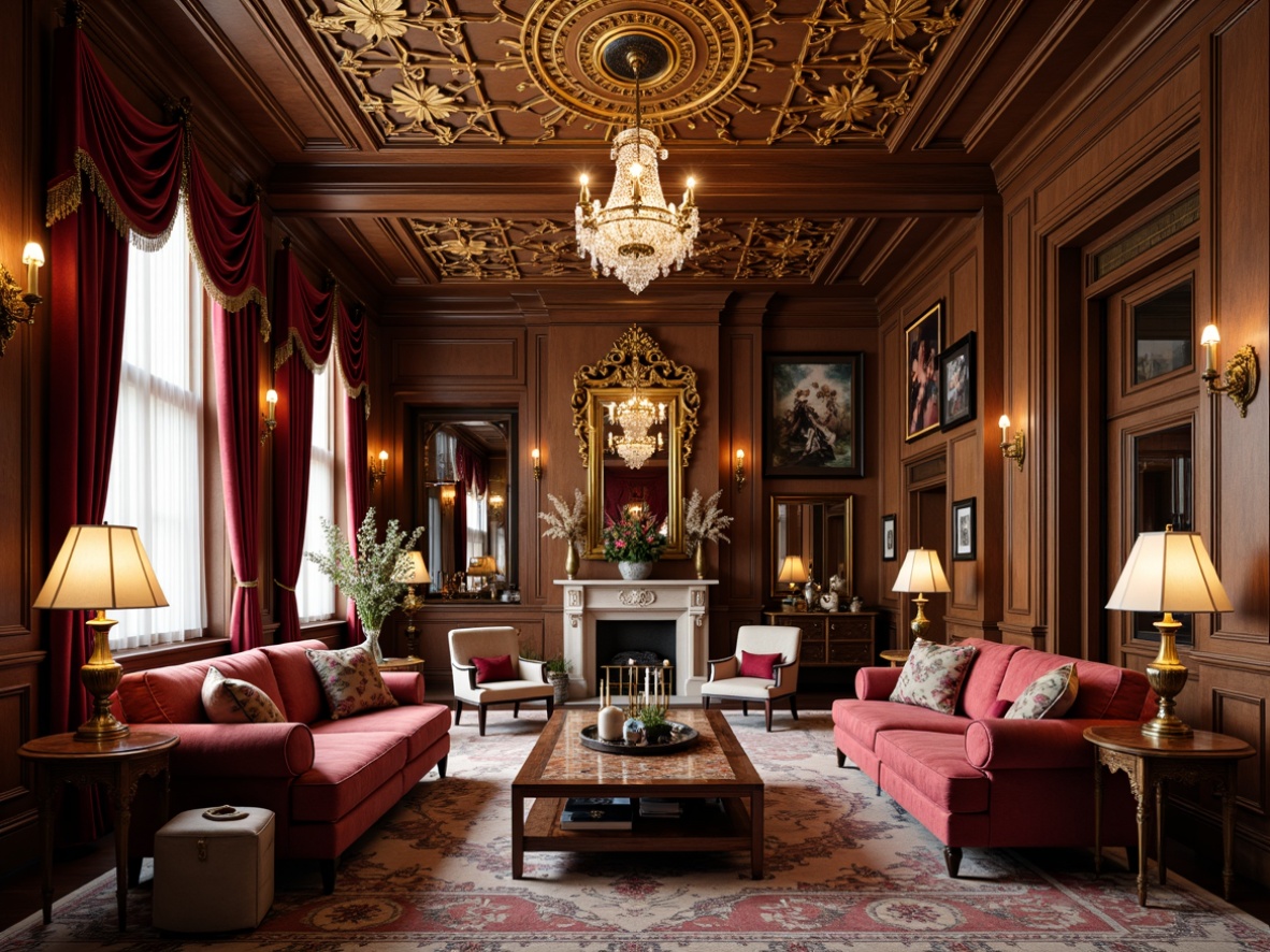 Prompt: Luxurious living room, rich velvet fabrics, intricate gold leaf patterns, ornate wooden furniture, carved marble details, crystal chandeliers, plush area rugs, lavish drapery, opulent ceiling designs, grandiose staircases, sophisticated color schemes, warm ambient lighting, dramatic shadowing, 1/1 composition, shallow depth of field, realistic textures.