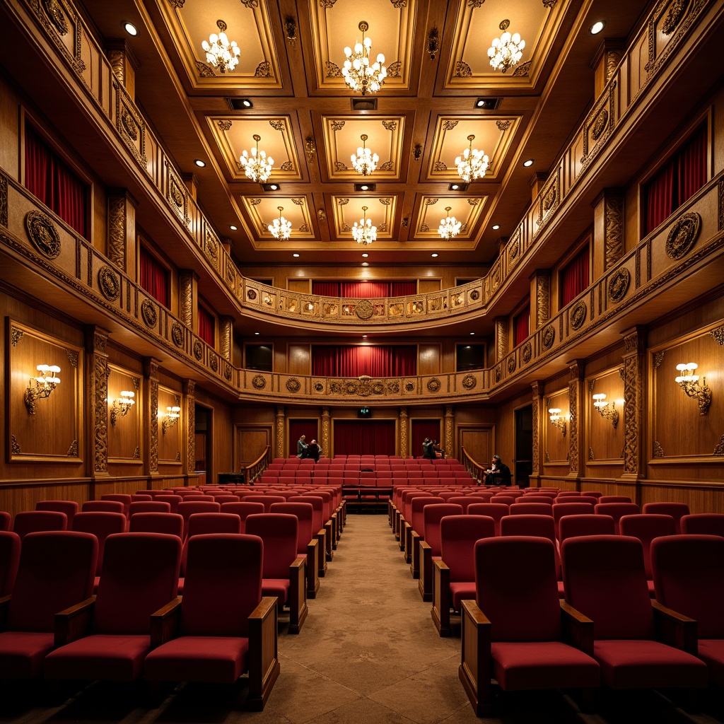 Prompt: Elegant auditorium, traditional architecture, ornate chandeliers, rich wood tones, plush velvet seats, curved row arrangements, central aisle, raised platforms, decorative railings, intricate carvings, warm golden lighting, soft shadows, 1/2 composition, shallow depth of field, realistic textures, ambient occlusion.